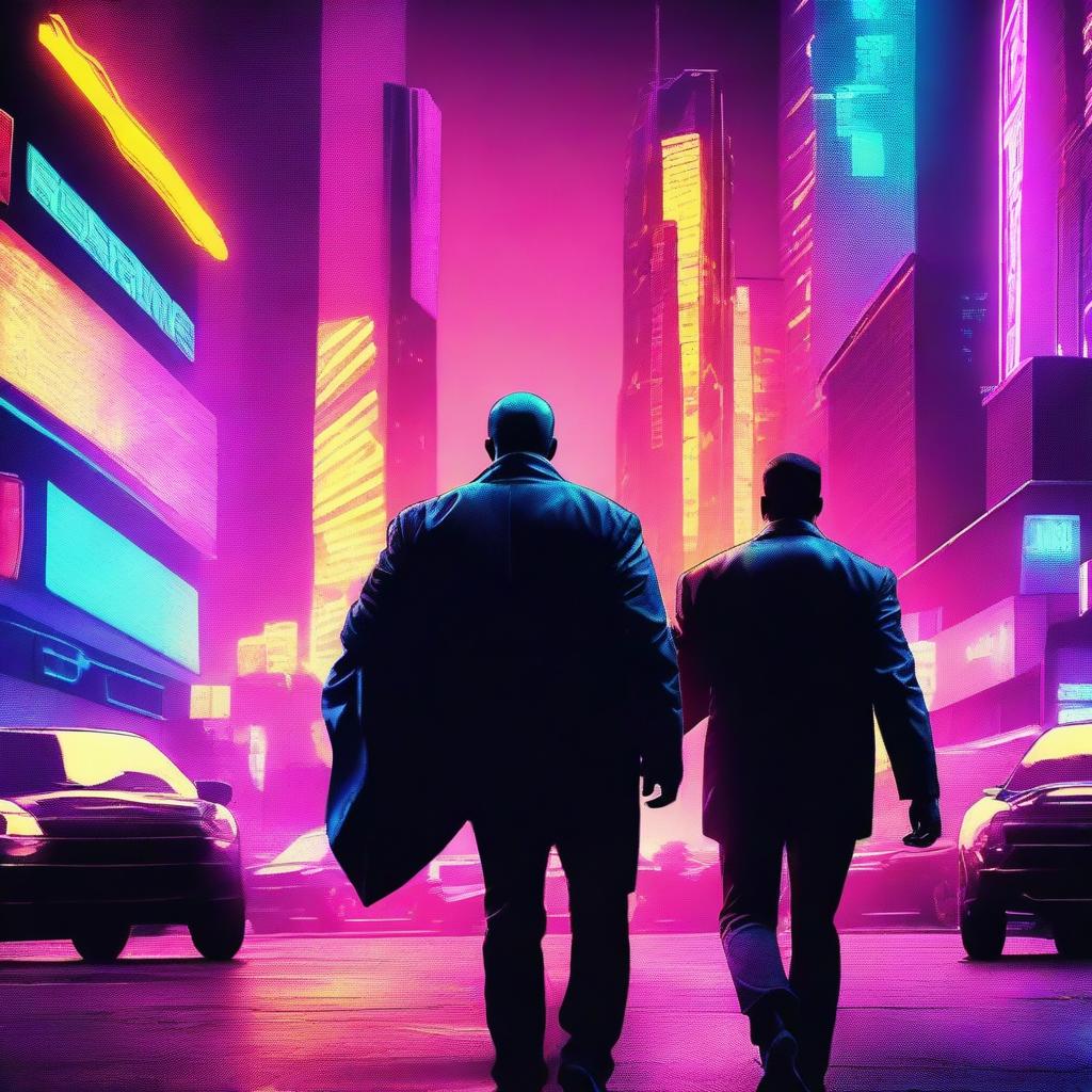 Create an action movie poster in a neon style, featuring a hero and a villain facing off