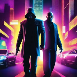 Create an action movie poster in a neon style, featuring a hero and a villain facing off