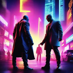 Create an action movie poster in a neon style, featuring a hero and a villain facing off