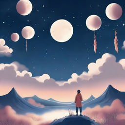 A guy with short hair and nine fox tails standing under a sky with multiple moons visible in the background