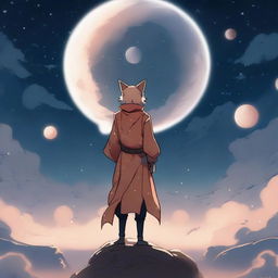 A guy with short hair and nine fox tails standing under a sky with multiple moons visible in the background