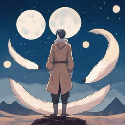 A guy with short hair and nine fox tails standing under a sky with multiple moons visible in the background