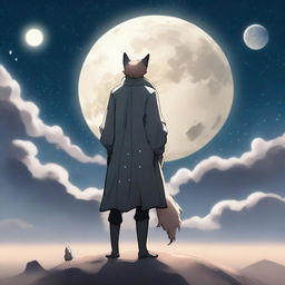 A realistic depiction of a guy with short hair and nine fox tails standing under a sky with multiple moons visible in the background