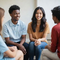 Five diverse international students in counseling session, expressing emotions and thoughts with supportive mental health therapist present. The aura is one of trust, understanding, and acceptance.