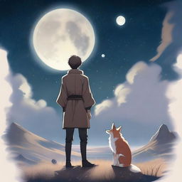 A realistic depiction of a guy with short hair and nine fox tails standing under a sky with multiple moons visible in the background