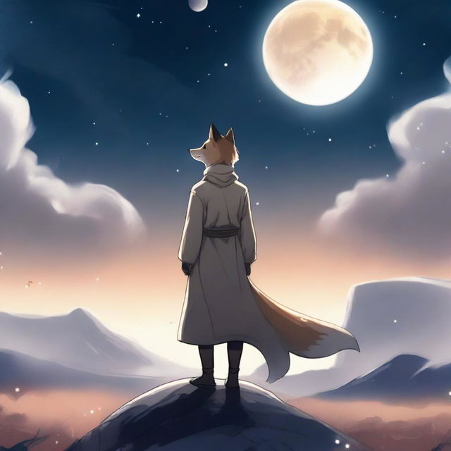 A realistic depiction of a guy with short hair and nine fox tails standing under a sky with multiple moons visible in the background