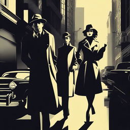 Create a film noir movie poster in a retro style, featuring detectives and femme fatales