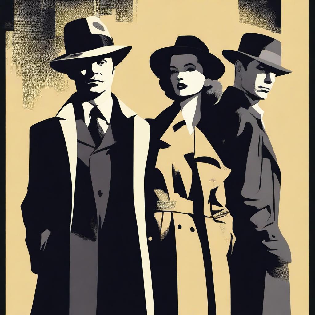 Create a film noir movie poster in a retro style, featuring detectives and femme fatales