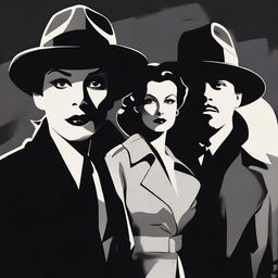 Create a film noir movie poster in a retro style, featuring detectives and femme fatales