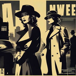 Create a film noir movie poster in a retro style, featuring detectives and femme fatales