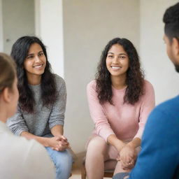 Five diverse international students in counseling session, expressing emotions and thoughts with supportive mental health therapist present. The aura is one of trust, understanding, and acceptance.