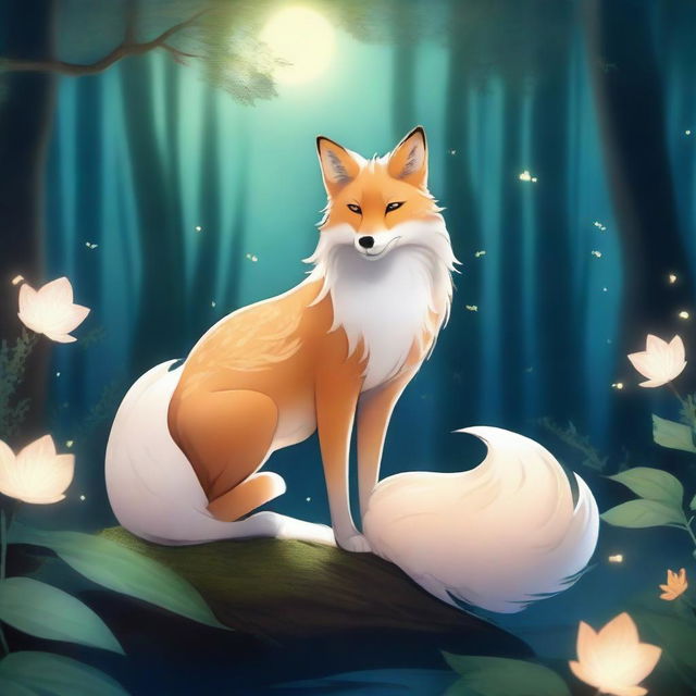 A majestic nine-tailed fox standing in a mystical forest