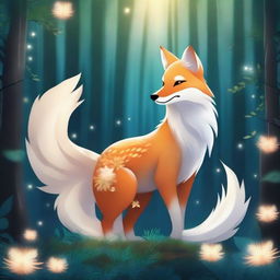 A majestic nine-tailed fox standing in a mystical forest