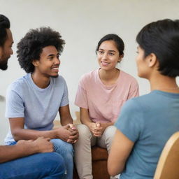 Five diverse international students in counseling session, expressing emotions and thoughts with supportive mental health therapist present. The aura is one of trust, understanding, and acceptance.