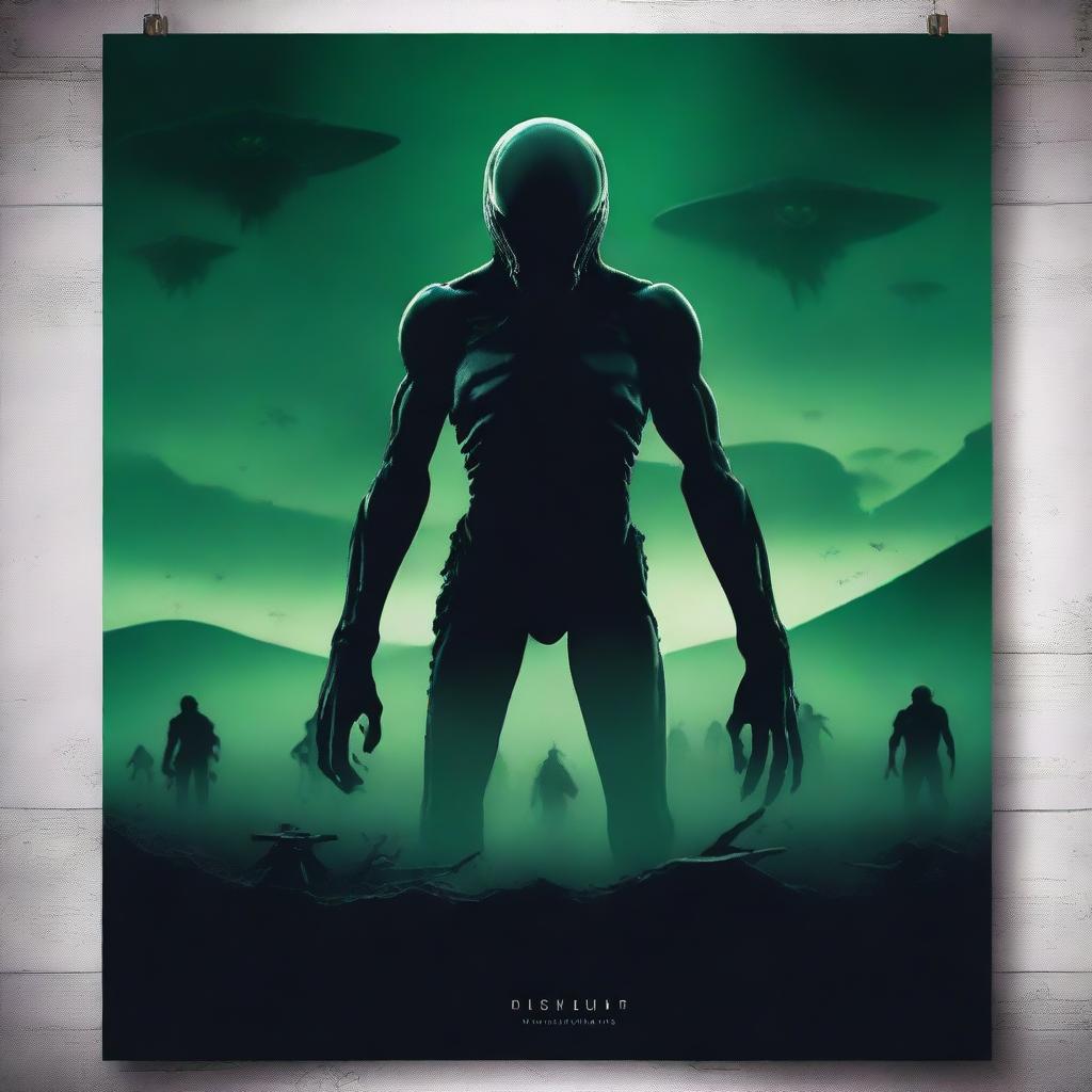 Create a creepy horror movie poster featuring an alien creature on the horizon, facing an army