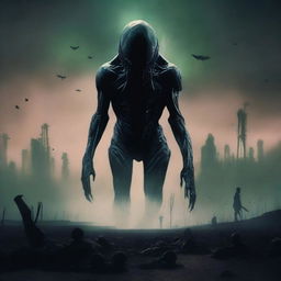 Create a creepy horror movie poster featuring an alien creature on the horizon, facing an army