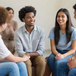 Five diverse international students in counseling session, expressing emotions and thoughts with supportive mental health therapist present. The aura is one of trust, understanding, and acceptance.