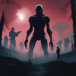 Create a creepy horror movie poster featuring an alien creature on the horizon, facing an army