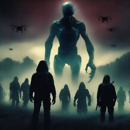 Create a creepy horror movie poster featuring an alien creature on the horizon, facing an army