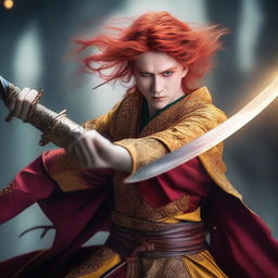 An elf sorcerer with striking red hair and piercing yellow eyes, dressed in intricate oriental clothes, engaged in an intense sword fight