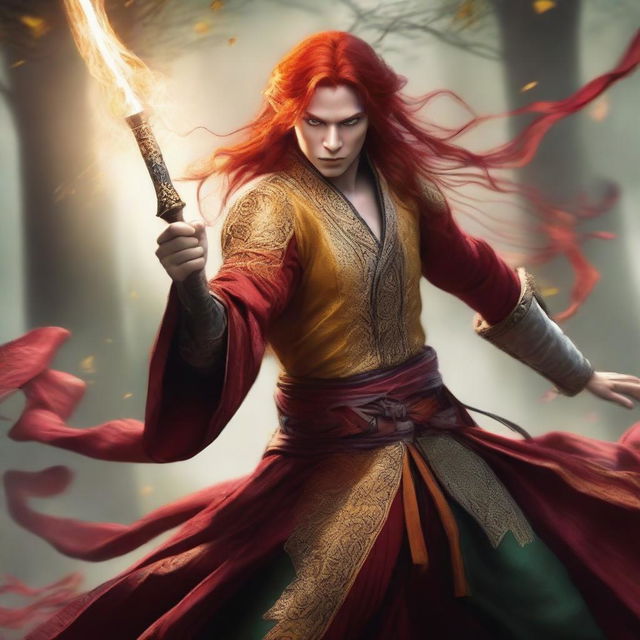 An elf sorcerer with striking red hair and piercing yellow eyes, dressed in intricate oriental clothes, engaged in an intense sword fight