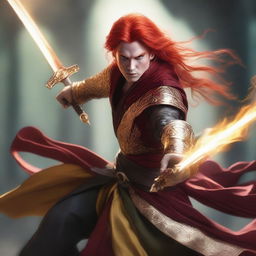 An elf sorcerer with striking red hair and piercing yellow eyes, dressed in intricate oriental clothes, engaged in an intense sword fight