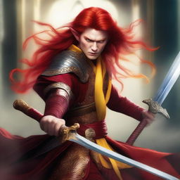 An elf sorcerer with striking red hair and piercing yellow eyes, dressed in intricate oriental clothes, engaged in an intense sword fight