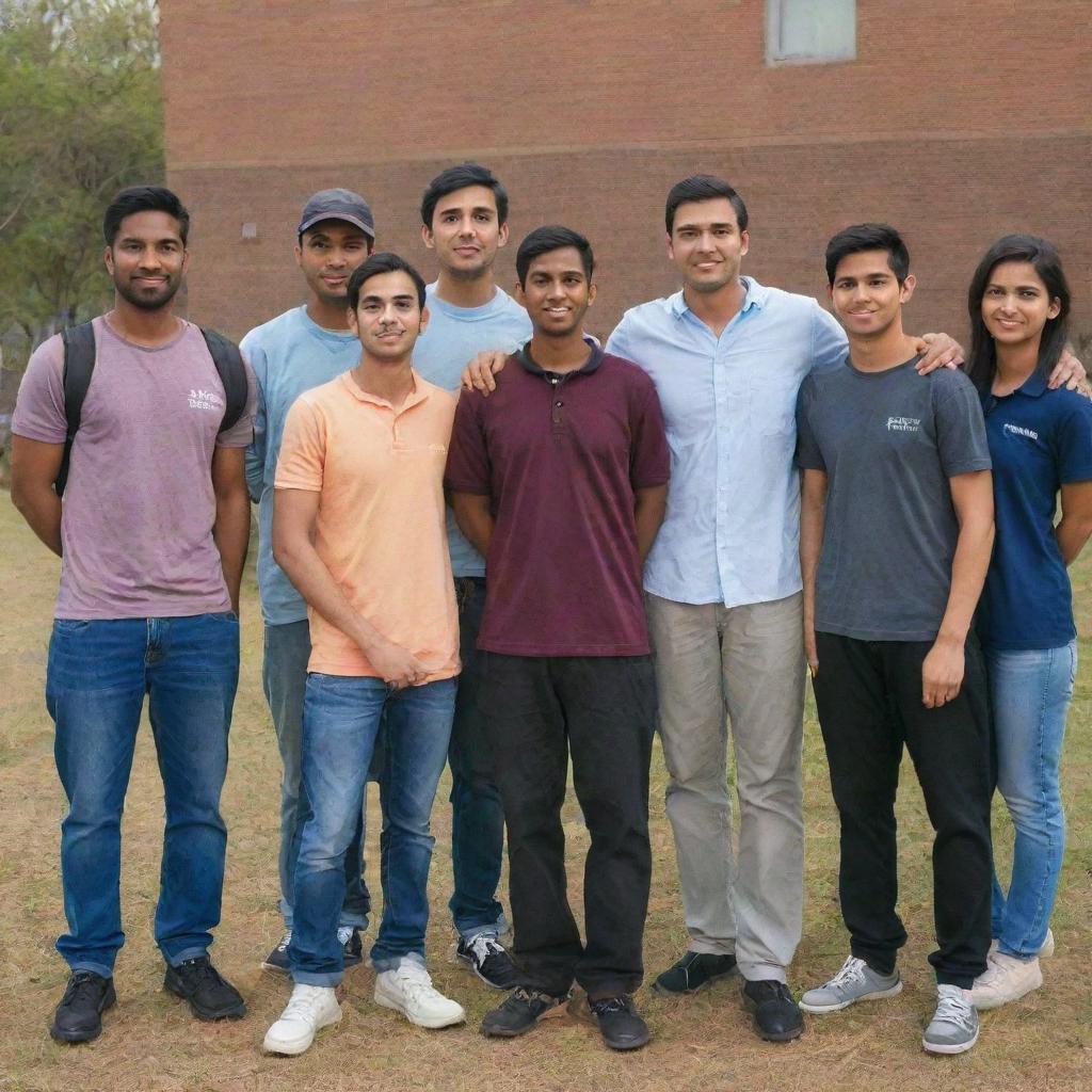 An eclectic group of international students calmly standing, devoid of smiles, including a Punjabi and an African student.