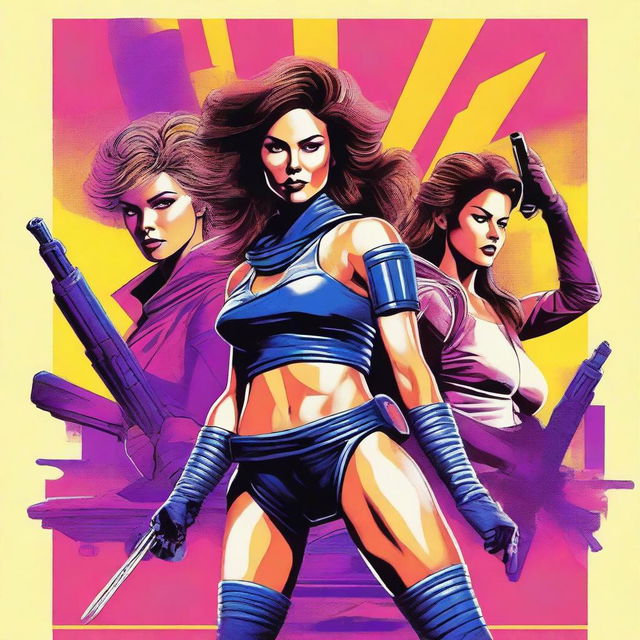 Create a 1980s style retro movie action poster featuring a faction of warrior women