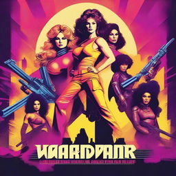 Create a 1980s style retro movie action poster featuring a faction of warrior women