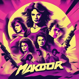 Create a 1980s style retro movie action poster featuring a faction of warrior women