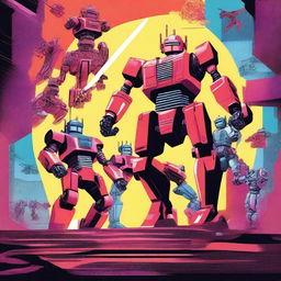 Create a 1980s style retro movie action poster featuring a faction of warrior robots