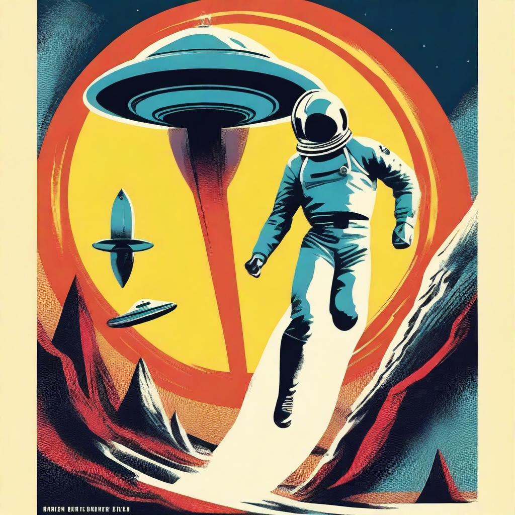 Create a 1960s style retro sci-fi movie poster featuring a flying man outside the planet, being chased by UFO crafts