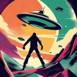 Create a 1960s style retro sci-fi movie poster featuring a flying man outside the planet, being chased by UFO crafts