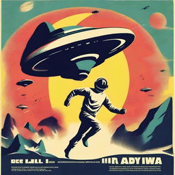 Create a 1960s style retro sci-fi movie poster featuring a flying man outside the planet, being chased by UFO crafts