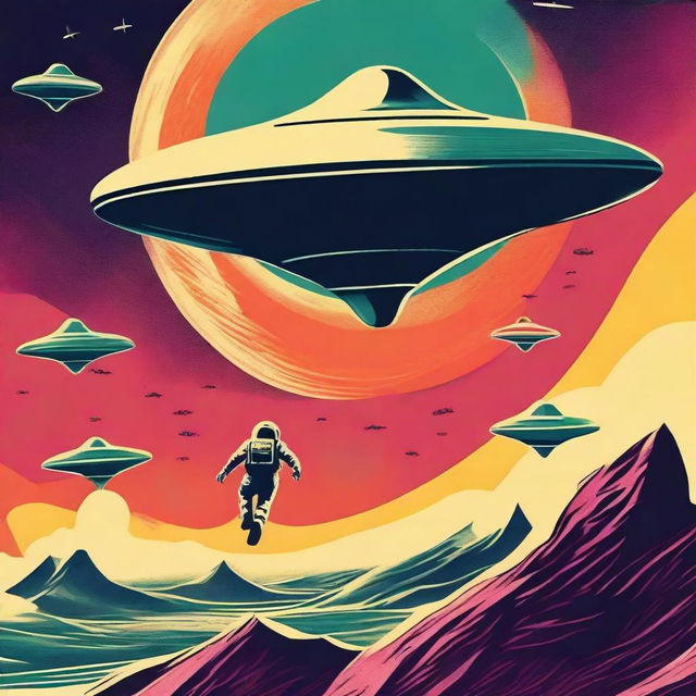 Create a 1960s style retro sci-fi movie poster featuring a flying man outside the planet, being chased by UFO crafts