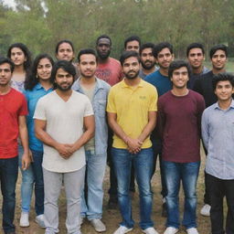 An eclectic group of international students calmly standing, devoid of smiles, including a Punjabi and an African student.