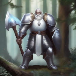 A white dwarf paladin clad in shining armor, wielding a mighty hammer and shield