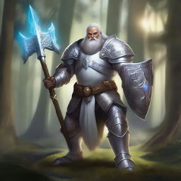 A white dwarf paladin clad in shining armor, wielding a mighty hammer and shield