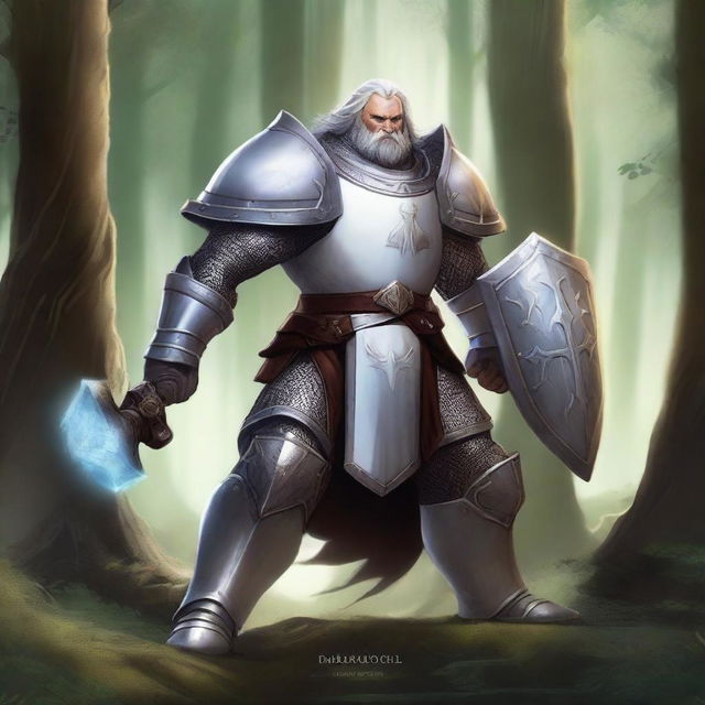 A white dwarf paladin clad in shining armor, wielding a mighty hammer and shield