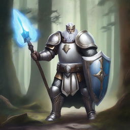 A white dwarf paladin clad in shining armor, wielding a mighty hammer and shield