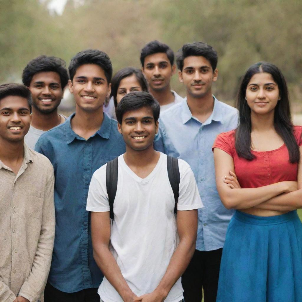 An eclectic group of international students calmly standing, devoid of smiles, including a Punjabi and an African student.