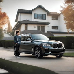 Aesthetic vibe of a neighborhood from the 2020s with a boy leaning up against his new BMW X5 2004