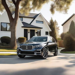 Aesthetic vibe of a neighborhood from the 2020s with a boy leaning up against his new BMW X5 2004