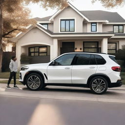 Aesthetic vibe of a neighborhood from the 2020s with a boy leaning up against his new BMW X5 2004