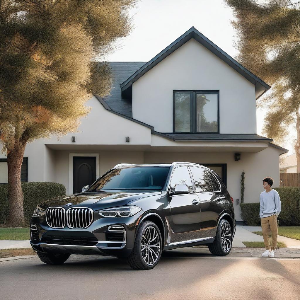 Aesthetic vibe of a neighborhood from the 2020s with a boy leaning up against his new BMW X5 2004