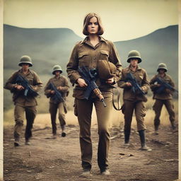 Create a 1970s style war movie poster featuring one woman standing defiantly against an entire army