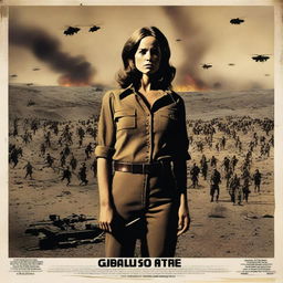 Create a 1970s style war movie poster featuring one woman standing defiantly against an entire army