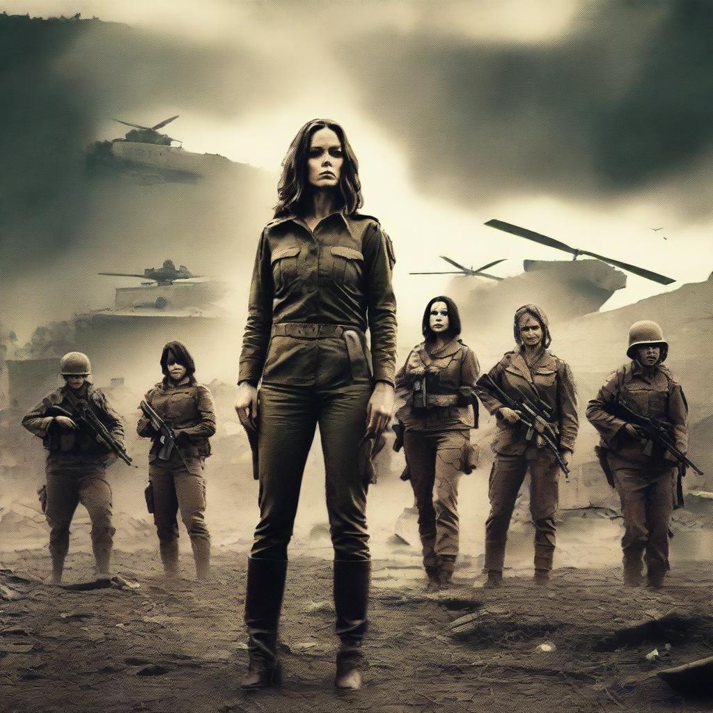 Create a 1970s style war movie poster featuring one woman standing defiantly against an entire army