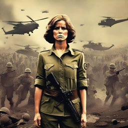 Create a 1970s style war movie poster featuring one woman standing defiantly against an entire army